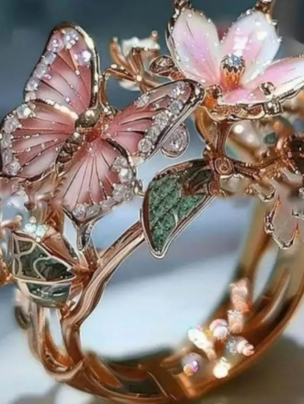 Fashion Jewelry Rose Gold Butterfly & Floral Bracelet with Pink and Green Enamel